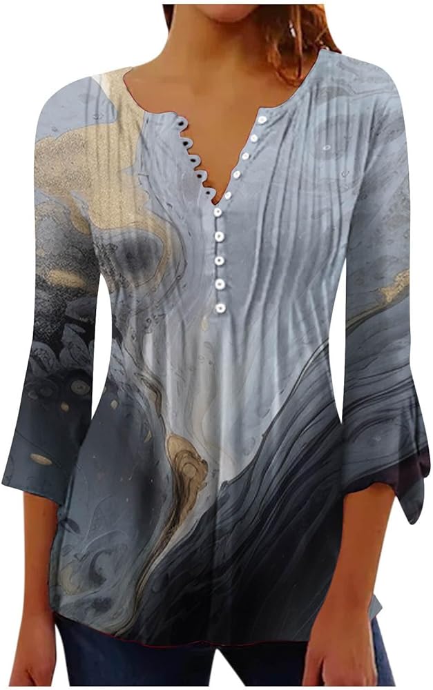 DASAYO Womens Tunic Tops to Wear with Leggings Tie Dye 3/4 Bell Sleeve V Neck Pleated Shirts
