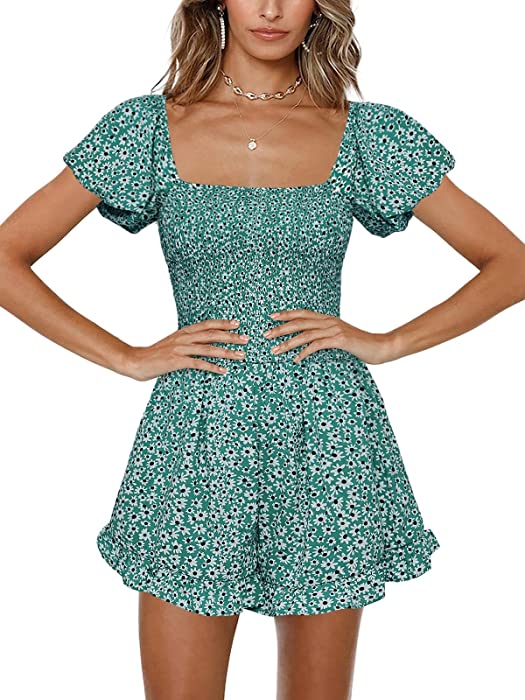 Jeanewpole1 Womens Floral Wide Leg Short Rompers Shirred Ruffle Sleeve Jumpsuit