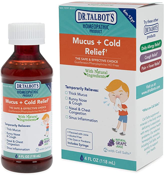 Dr. Talbot's Mucus + Cold Relief Liquid Medicine with Natural Ingredients for Children, Includes Syringe, Natural Grape Juice Flavor, 4 Fl Oz