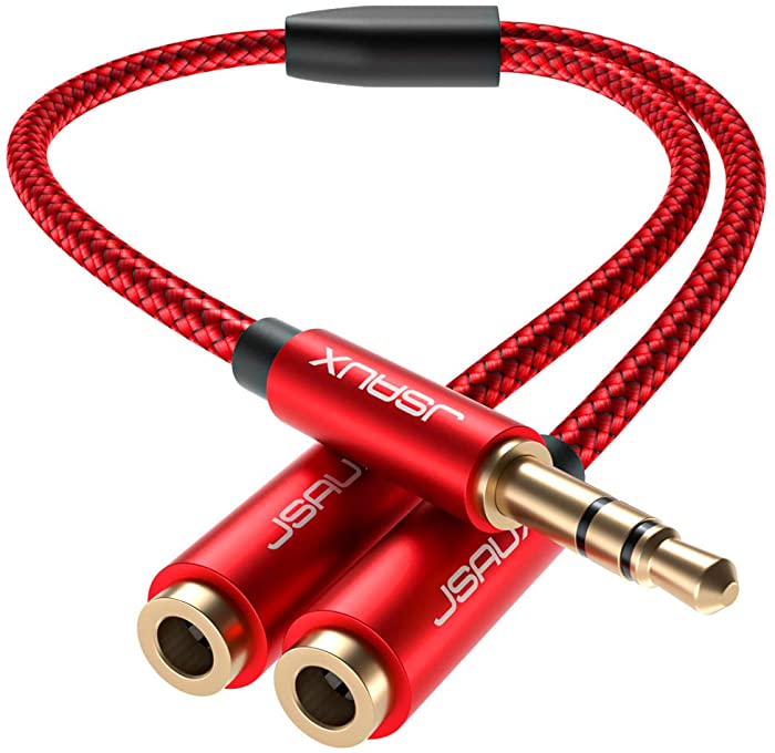 JSAUX Headphone Splitter, Audio Splitter 3.5mm Male TRS to 2 Dual 3.5mm Female Adapter Nylon-Braided Stereo Y Aux Cable Splitter for iPhone, Samsung, Tablets, Laptop, Playstation and More [Red]