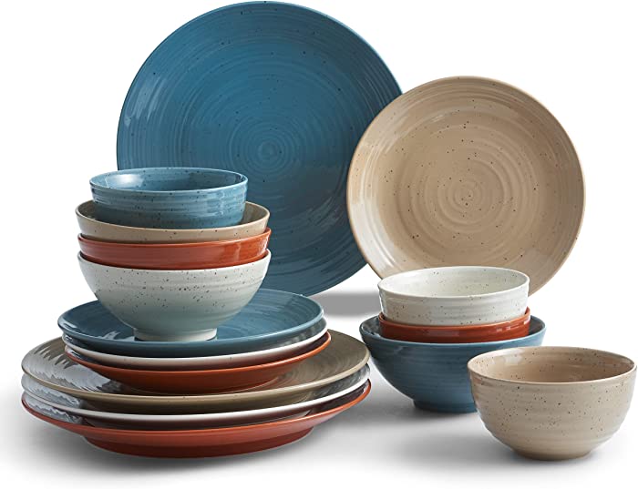 Sango Siterra Painter's Palette 16-Piece Stoneware Dinnerware Set with Round Plates and Bowls, Multicolor