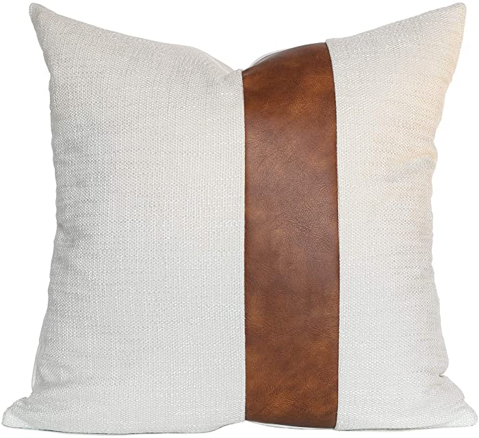 Kdays Thick Tweed Farmhouse Throw Pillow Cover Ivory Brown Color Block Decorative Linen Faux Leather Ticking Stripe Cushion Pillowcase Modern Minimalist Sofa Couch Square Pillow Cover 20x20 Inches
