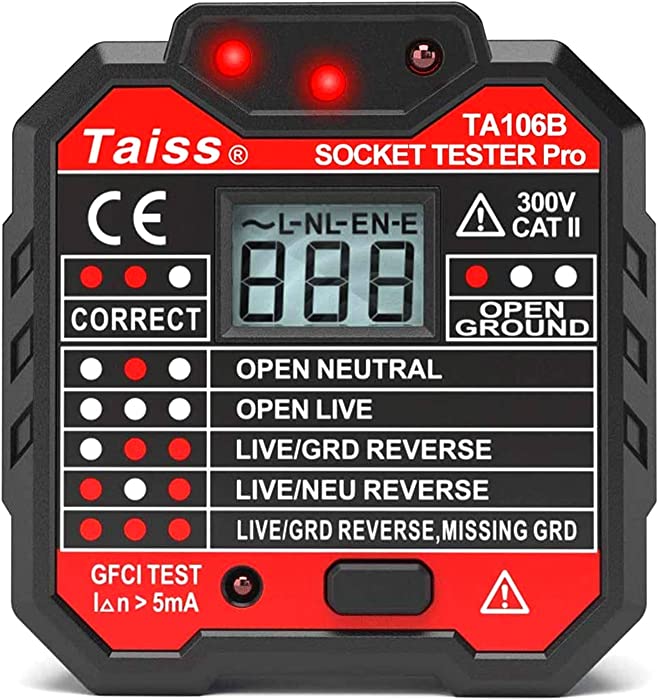 Taiss GFCI Outlet Tester New Advanced Receptacle Tester with Voltage Display 48-250V Power Socket Automatic Electric Circuit Polarity Voltage Detector Wall Plug Breaker Finder CAT II 300V TA106B