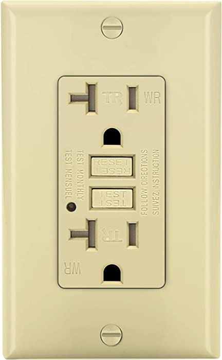 LEOD 20 Amp Self-Test GFCI Outlet, Outdoor Weather-Resistant Receptacle with LED Indicator, Wallplate Included, Ivory