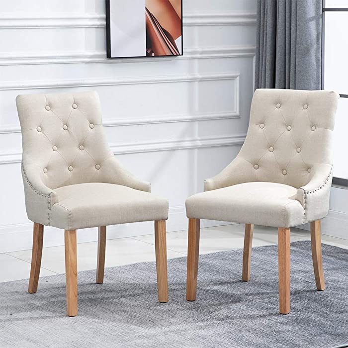 HomeSailing Set of 2 Cream Wood Dining Chair with Armrest Kitchen High Back Fabric Upholstered with Buttons for Restaurant Living Room Bedroom Soft Side Chairs for Lobby Office Reception (Beige)