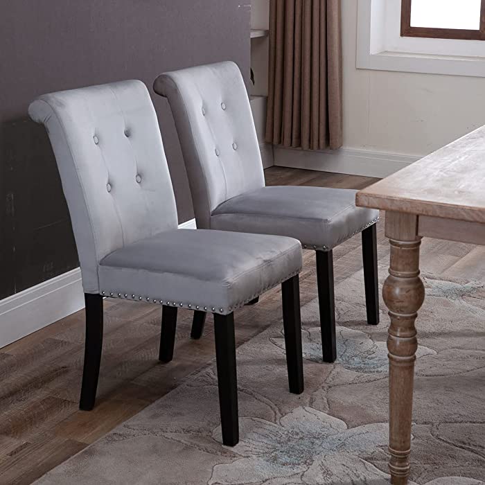 Tufted Back Dining Chairs Set of 2, Button Tufted Dining Chairs with Nailhead Back & Ring Pull Trim, Upholstered Dining Chairs with Black Wood Legs for Kitchen/Dining Room,Grey