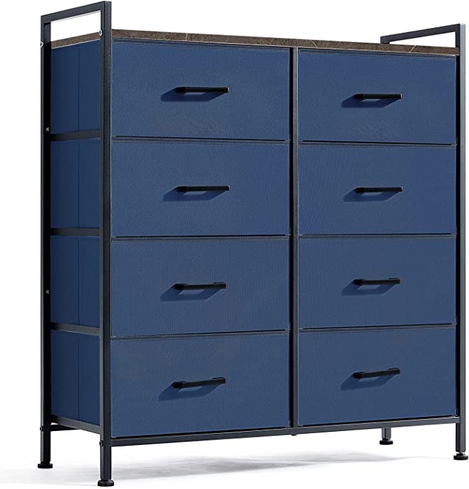 LINSY HOME Dresser for Bedroom, Tall Dresser with 8 Fabric Drawer, Chest of Drawers with Steel Frame and Wood Top, Storage Tower for Hallway, Closets, Hallway & Living Room, Navy Blue