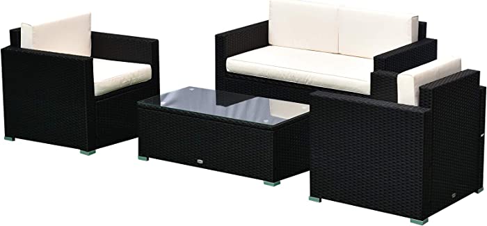 Outsunny 4-Piece Cushioned Patio Furniture Set, with 2 Chairs, Loveseat, and Glass Coffee Table, Rattan Wicker, Black