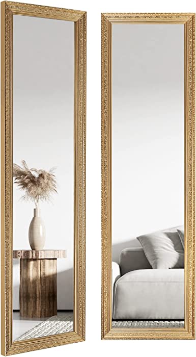 WIFTREY 2 Pack Gold Full Length Wall Mirror 42"x12", Vintage Over The Door Hanging Body Mirror with Floral Border for Bedroom, Living Room
