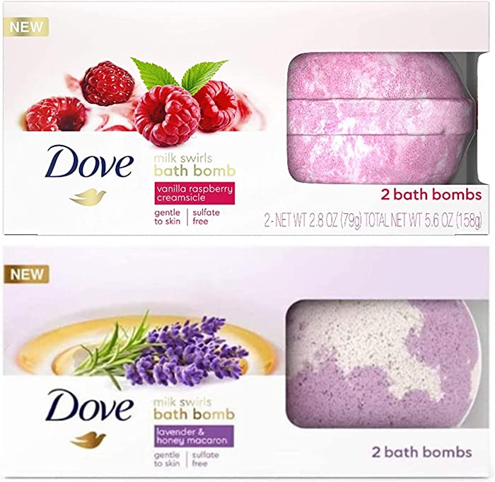 Dove Bath Bombs Bundle - Milk Swirls Vanilla Raspberry Creamsicle Bath Bombs and Dove Bath Bomb Milk Swirls Lavender & Honey Macaroon