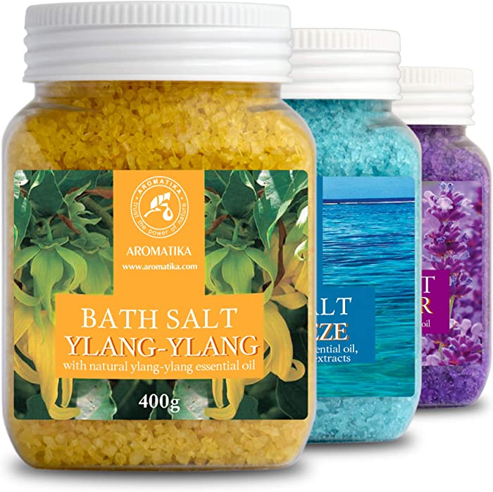 Bath Salts Set 42 oz - Lavender - Sea Breeze - Ylang-Ylang - 100% Natural Essential Oil - Best for Good Sleep - Stress Relief - Bathing - Body Care - Beauty - Relaxation - Spa