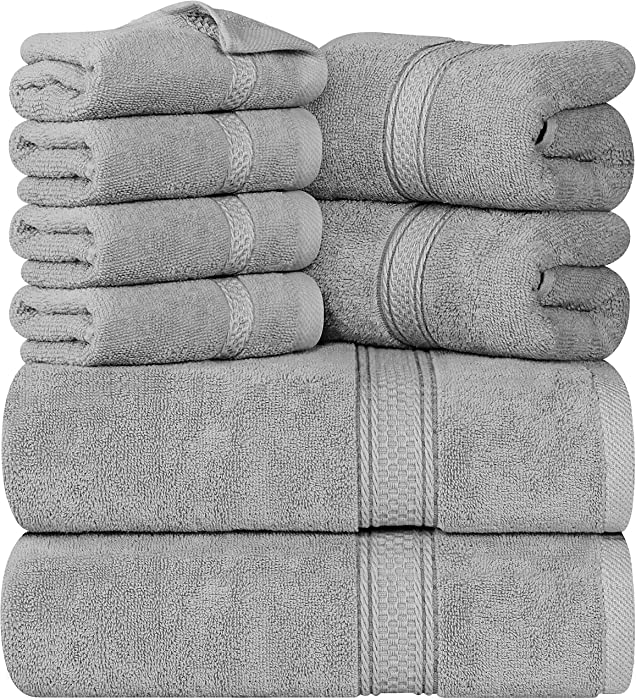 Utopia Towels Cool Grey Towel Set, 2 Bath Towels, 2 Hand Towels, and 4 Washcloths, 600 GSM Ring Spun Cotton Highly Absorbent Towels for Bathroom, Shower Towel, (Pack of 8)