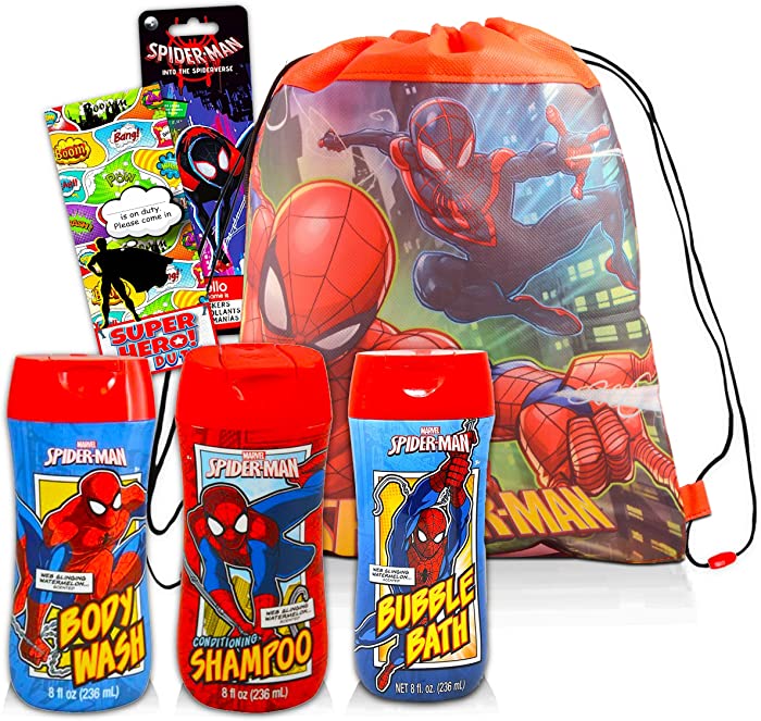 Marvel Spiderman Bathroom Set Mega Bundle ~ 5 Pc Spiderman Bath Tub Shampoo, Bubble Bath, Body Wash, Stickers, and More! (Marvel Bath Accessories)