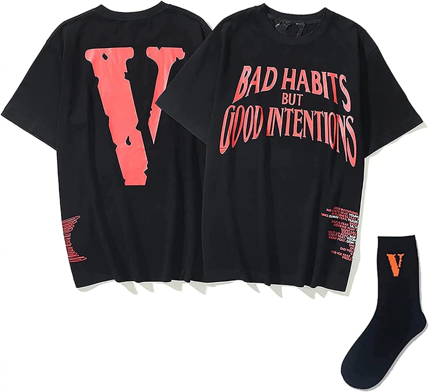 Hvizean Casual Hip Hop Big V Letter Angels Shirt Men's Crew Neck Cotton Tshirt with Black Socks