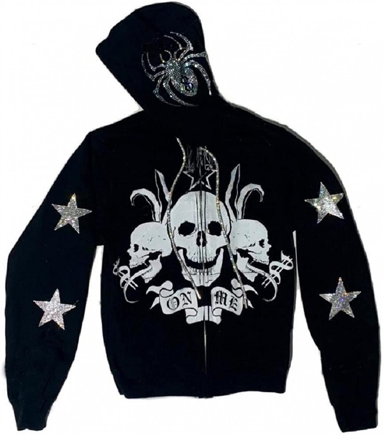 Women Rhinestone Spider Skull print Streetwear Hoodies Goth Harajuku Y2k grunge Punk Jacket