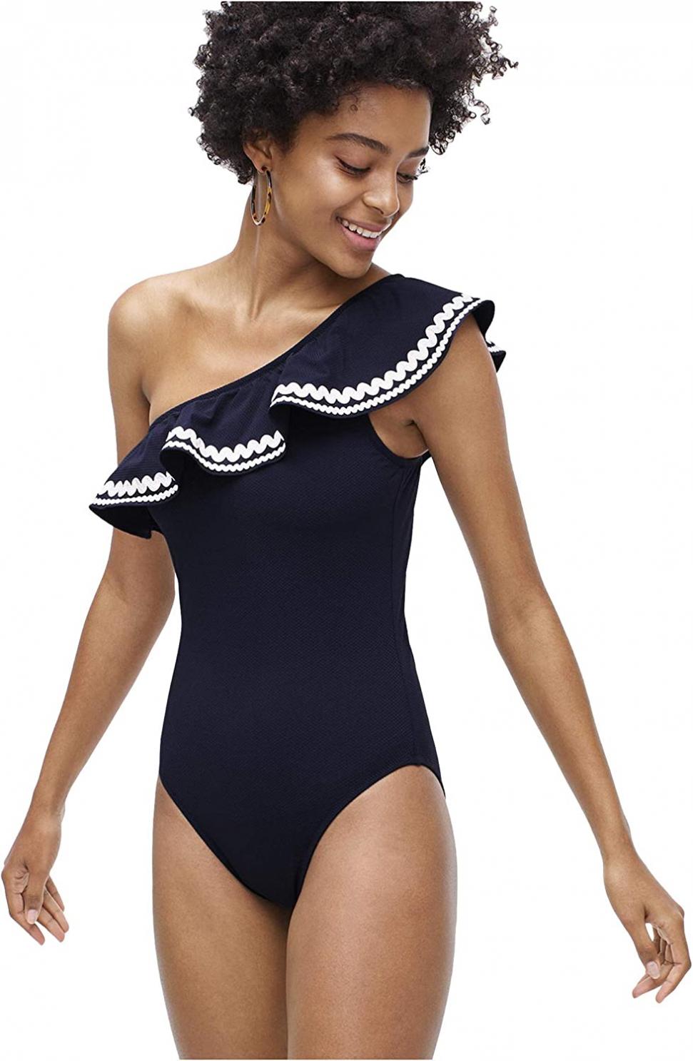 J.Crew One-Shoulder Ruffle One-Piece Swimsuit with Rickrack Navy 8