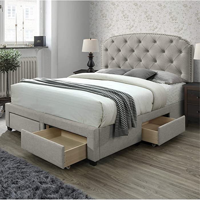 DG Casa Argo Upholstered Panel Bed Frame with Storage Drawers and Diamond Button Tufted Nailhead Trim Headboard, King Size in Beige Fabric