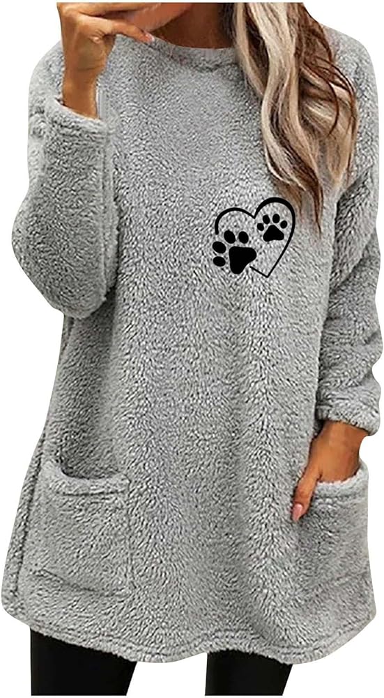 Stessotudo Sherpa Fleece Sweatshirts for Women Cute Graphic Long Sleeve Warm Tops with Pockets Crewneck Trendy Winter Outfits
