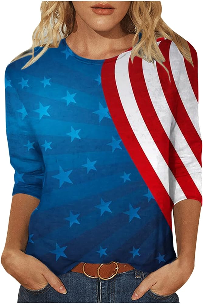 Women Stars and Stripes Shirts 2024 3/4 Sleeve Trendy 4th of July Patriotic Tshirts Casual Summer Plus Size Clohtes