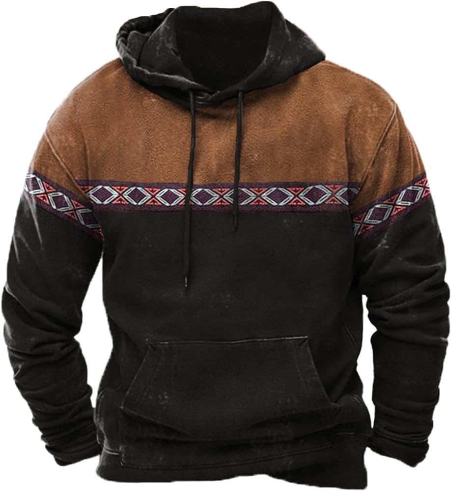 Retro Hoodies for Men Long Sleeve Drawstring Western Aztec Sweatshirts Casual Pullover Hooded Vintage Hoodie Tops