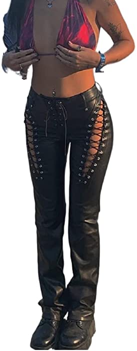 Abendedian Womens Faux Leather Leggings Hollow Out Gothic Punk Y2k Trousers Drawstring Bandage Cut Out High Waisted Pants