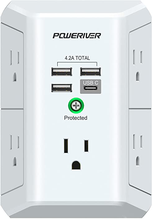 USB Wall Charger, POWERIVER Multi Outlet Extender Surge Protector with 4 USB Ports (1 USB C, 4.2A Total) 1680J Power Strip Multi Plug Wall Outlet Adapter Spaced for Home School Office, ETL Listed