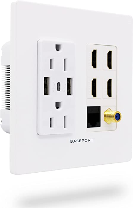 Premium Media Wall Outlet | Dual 6.3A USB-A 2.0 Ports - 1 USB-C 3.0 Port - 4 HDMI Wall Outlet - Cat6 Rj45 Ethernet Port - 15A Dual Power Outlet - Coax Cable Wall Plate - White Face Plate
