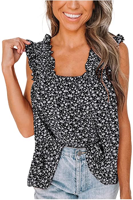 Tank Tops for Women Boho Floral Shirred Straps Pleated Summer Casual Ruffle Sleeveless Shirts Tops Beach Flowy Blouses