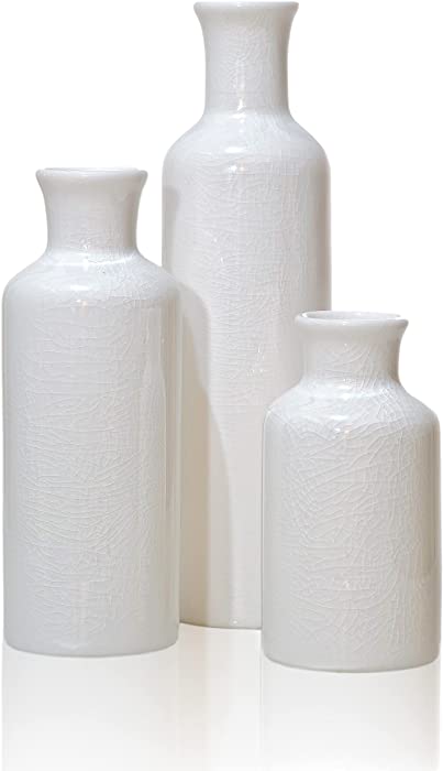 Farmhouse White Vases for Decor Set of 3, Ceramic Vases for Home Decor Accent, Farmhouse Vase Sets for Decor, Rustic Ceramic Vase Set, White Vase Set of 3 Decorative Vases, Home Decor Vases Sets of 3