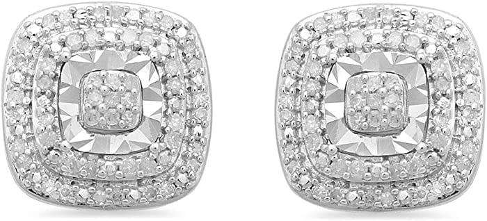 Jewelili 1/4 CTTW Diamond Stud Earrings in Sterling Silver. Choose from Heart, Cushion, or Round shape and Black, Blue, or White Diamonds.