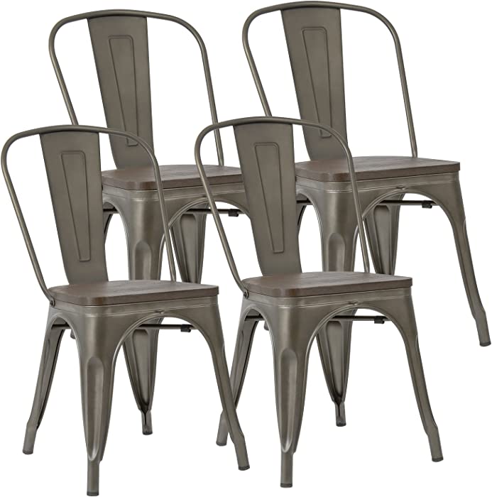 JUMMICO Metal Dining Chair Stackable Industrial Vintage Kitchen Chairs Indoor-Outdoor Bistro Cafe Side Chairs with Back and Wooden Seat Set of 4 (Gun)