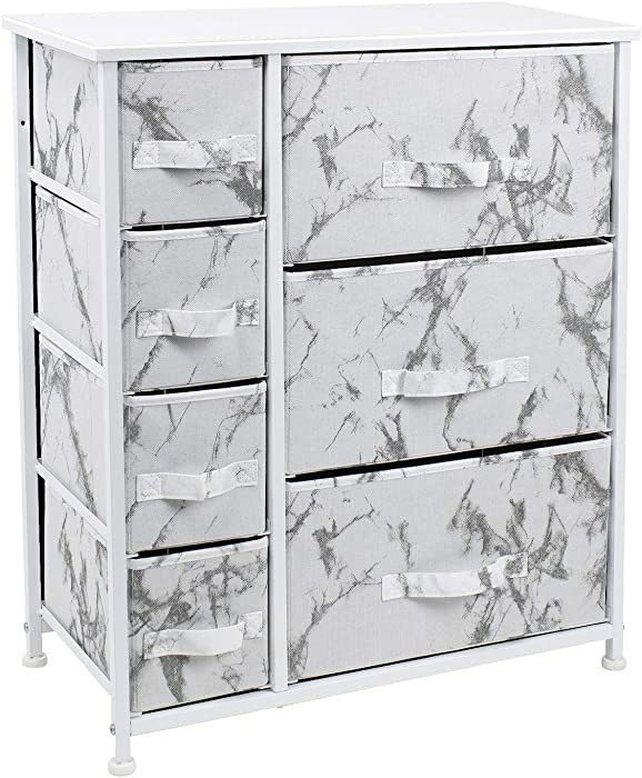Sorbus Dresser with Drawers - Furniture Storage Tower Unit for Bedroom, Hallway, Closet, Office Organization - Steel Frame, Wood Top, Easy Pull Fabric Bins (Marble White/White Frame)