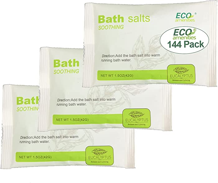 ECO amenities 144 Pack Bath Salt Enriched with Essential Oil; 1.5 ounce/42g Individual Wrapped Sea Salt Bath Soak Spa Experience Stress Relief and Good Sleep
