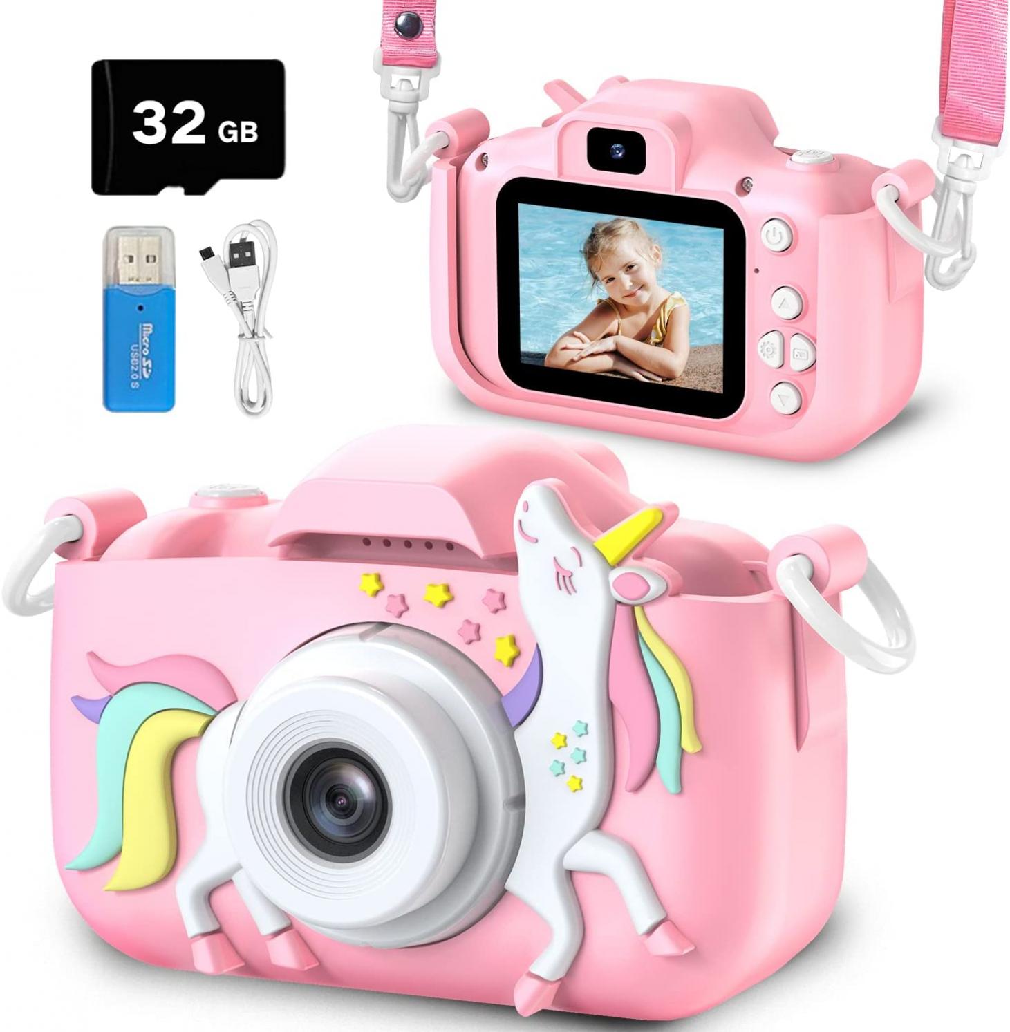 Goopow Kids Camera Toys for 3-8 Year Old Girls,Children Digital Video Camcorder Camera with Unicorn Soft Silicone Cover, Best Christmas Birthday Festival Gift for Kids - 32G SD Card Included