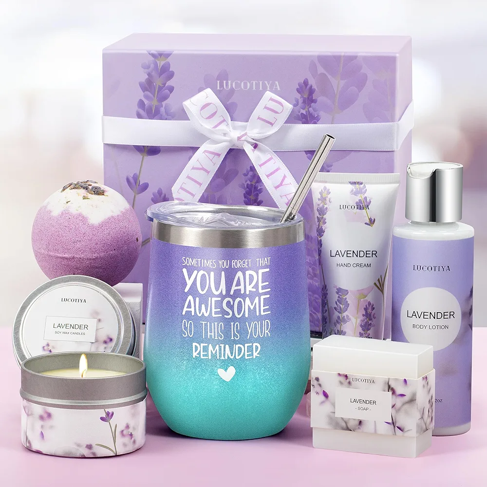 Birthday Gifts for Women Bath and Body Works Gifts Set Spa Gifts Baskets Bubble Bath Lavender Gifts for Mom,Her,Sister,Wife,Auntie Wine Tumbler Purple Womens Gifts