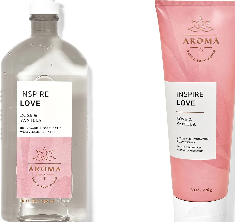Bath & Body Works - Aromatherapy - Love - Rose Vanilla – 2 pc Bundle - Body Wash & Foam Bath & Body Cream -2020