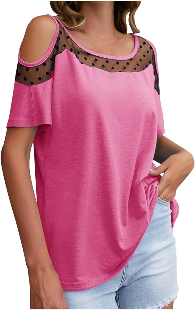 Off the Shoulder Tops for Women Mesh Splice Top Summer Solid Color Tee Shirts Loose Tunic Tops Dropped Shoulder Tunins