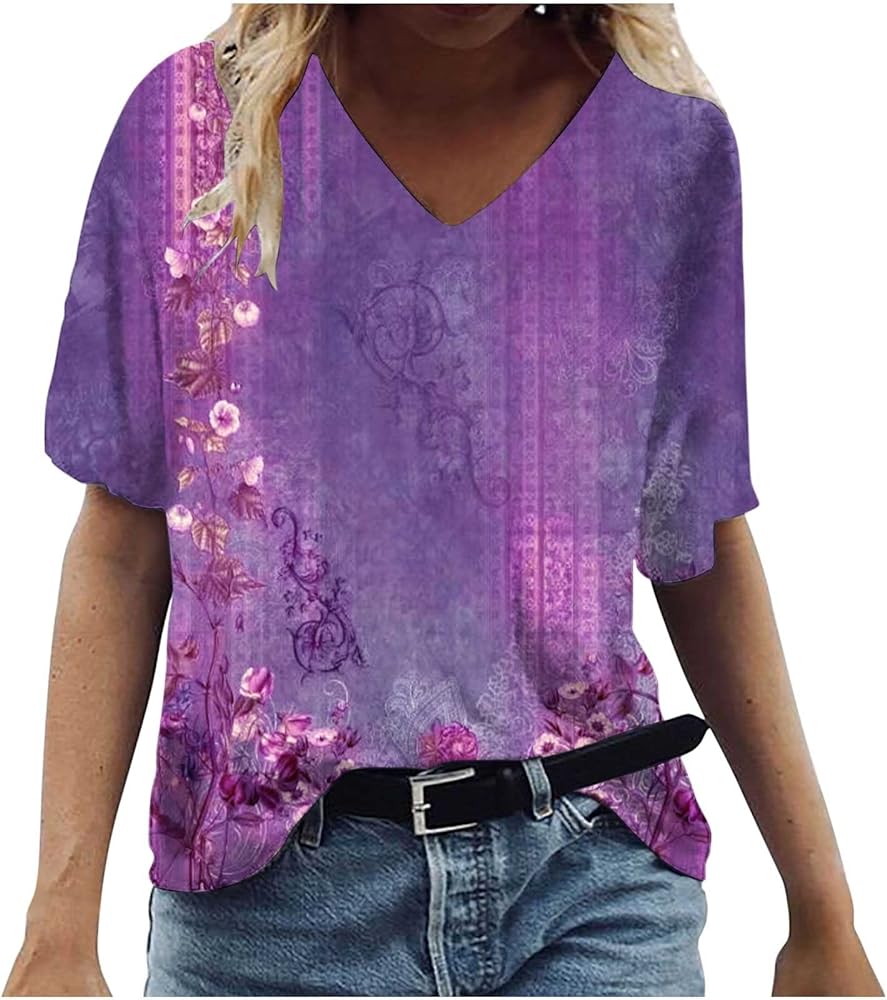 Stessotudo 2023 V Neck T Shirts for Women Casual Short Sleeve Floral Scene Print Tee Loose Fit Summer Trendy Tunic Blouses