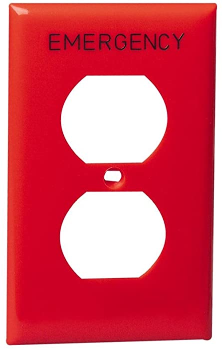 Leviton 80703-RE 1-Gang Duplex Device Receptacle Wallplate, Standard Size, Thermoplastic Nylon, Device Mount, Hot Stamped"Emergency", Red