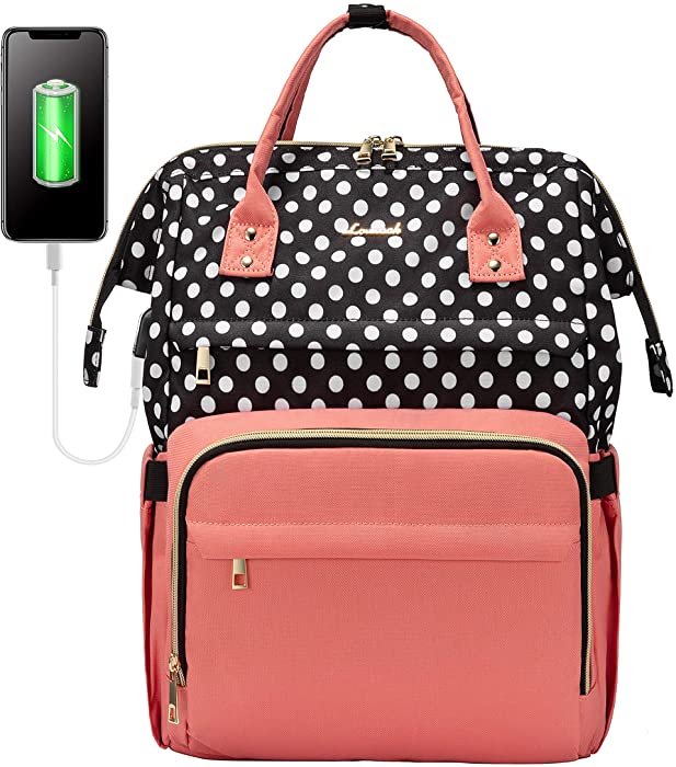 Laptop Backpack for Women Work Laptop Bag Stylish Teacher Backpack Business Computer Bags College Laptop Bookbag, Polka-Pink