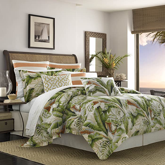 Tommy Bahama | Palmiers Collection | Duvet Cover Set-100% Cotton Sateen, Button Closure, Pre-Washed for Added Softness, Queen, Medium Green