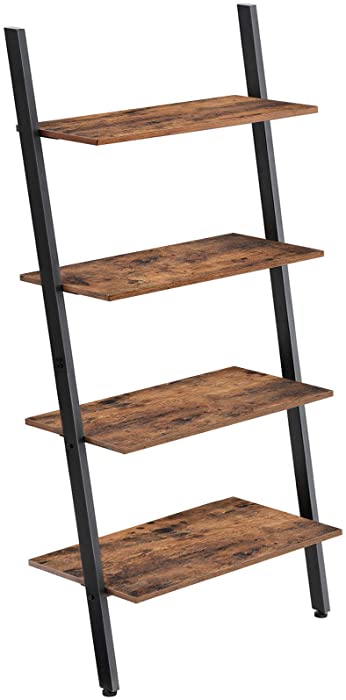 VASAGLE Industrial Ladder Shelf, 4-Tier Bookshelf, Storage Rack Shelves, for Living Room, Kitchen, Office, Iron, Stable, Sloping, Leaning Against The Wall, Rustic Brown ULLS43BX