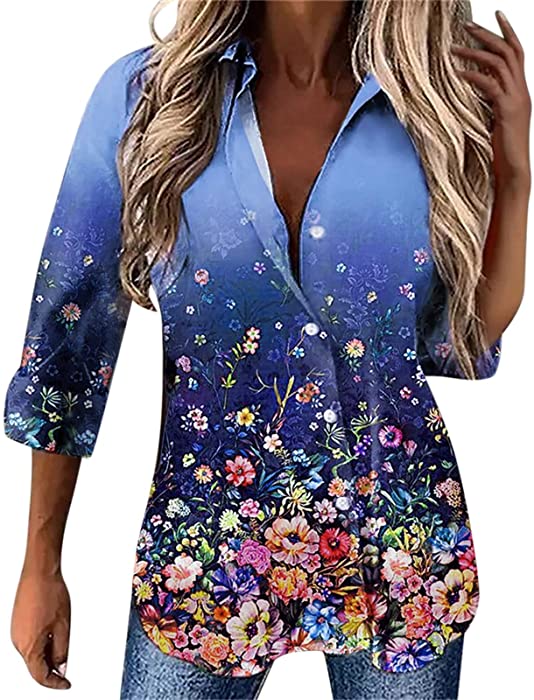 Womens 2022 Fashion Spring Tops Floral Printed Short Sleeve Button Down Shirts Casual V-Neck Pockets Blouses Tunic Top