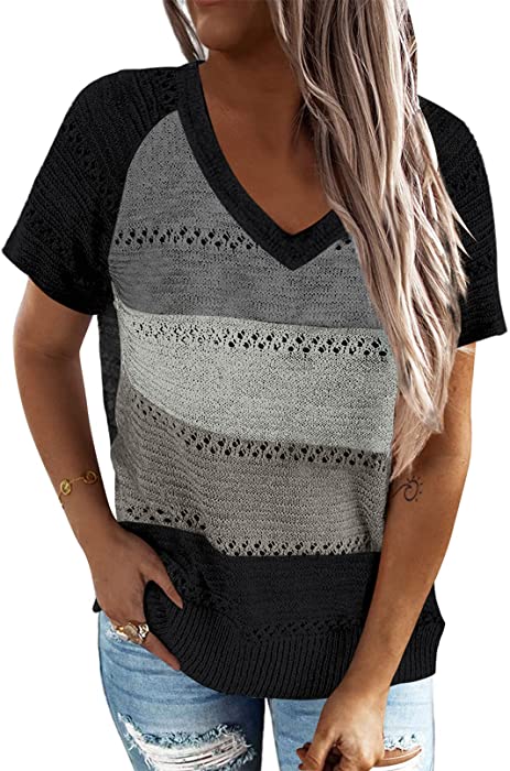 Biucly Women’s Casual Summer V Neck Tops Basic Color Block Tshirts