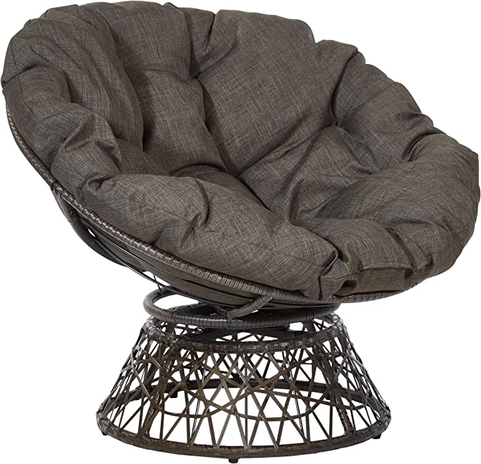OSP Home Furnishings Wicker Papasan Chair with 360-Degree Swivel, 40” W x 36” D x 35.25” H, Brown Frame with Brown Cushion