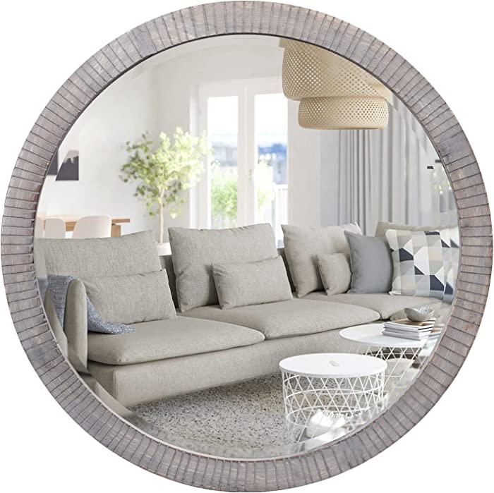 GIFTTROVE 24" Round Wood Mirror, Rustic Circle Wall Mirror with Beveled, Wooden Round Mirror for Wall Decor, Decorative Wall-Mounted Mirror for Entryway, Living Room, Washed Gray Frame