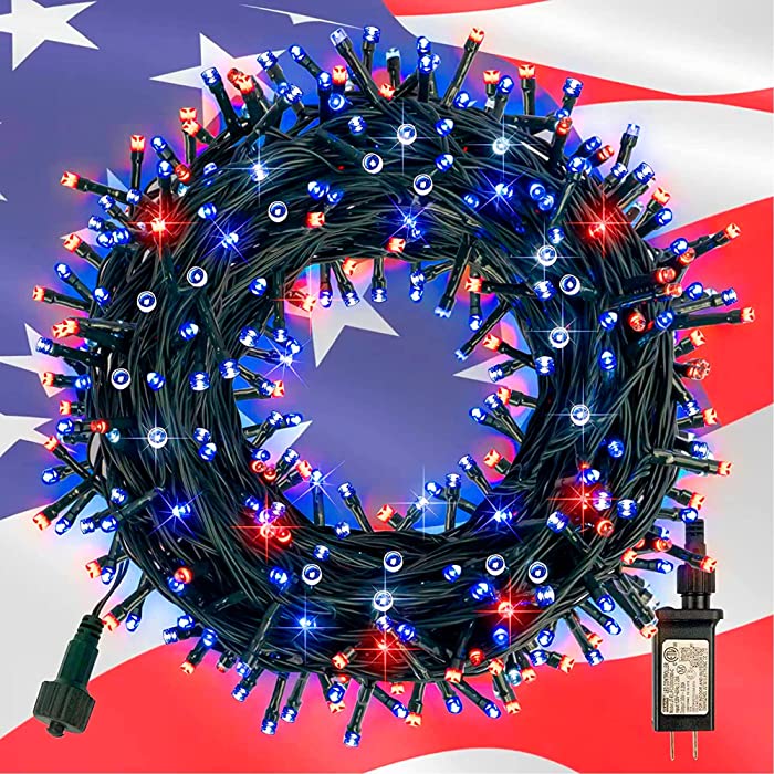 Red White and Blue Lights, 200LED 66 FT 4th of July String Lights, Waterproof Patriotic Lights with 8 Modes Plug in for Independence Day Decorations Indoor Outdoor Decor