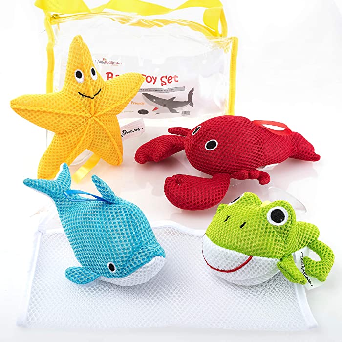Little Additions Bath Toys for Toddlers 1-3, Baby Bath Toys with Bonus Mesh Bath Toy Storage Bag with Suctions for Easy Drying, Toddler Bath Toys Ocean Collection