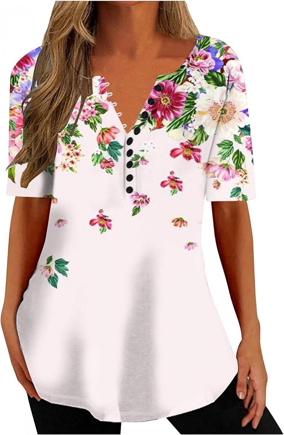 SMIDOW Womens Tunic Tops to Wear with Leggings Summer Henley v Neck Short Sleeve Shirts Western Floral Print Loose Blouse