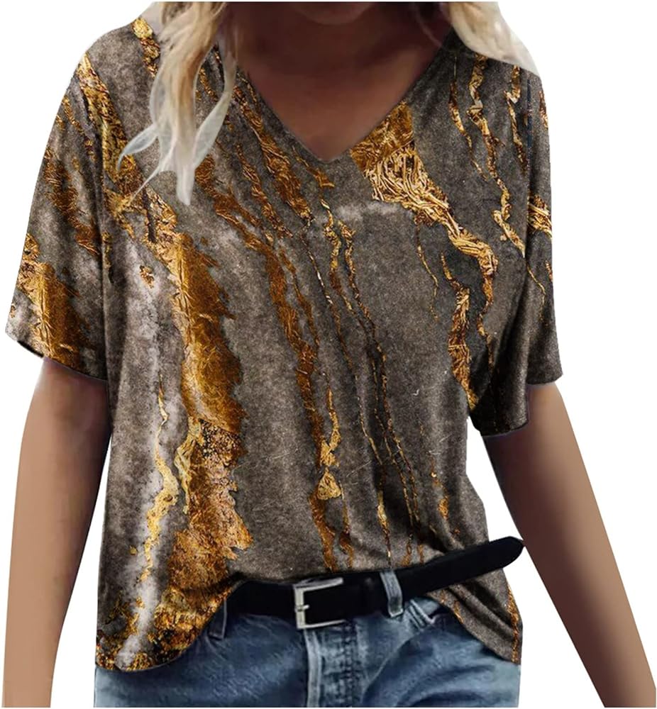 Stessotudo Womens Short Sleeve Tops Fashion Marble Print Loose Blouse Casual V Neck Relaxed Fit Graphic Tee Summer T Shirts